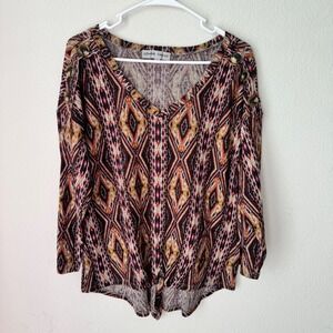 Absolutely Famous Womens Ikat Diamond Print V-Neck Twist Front Top Burgundy L